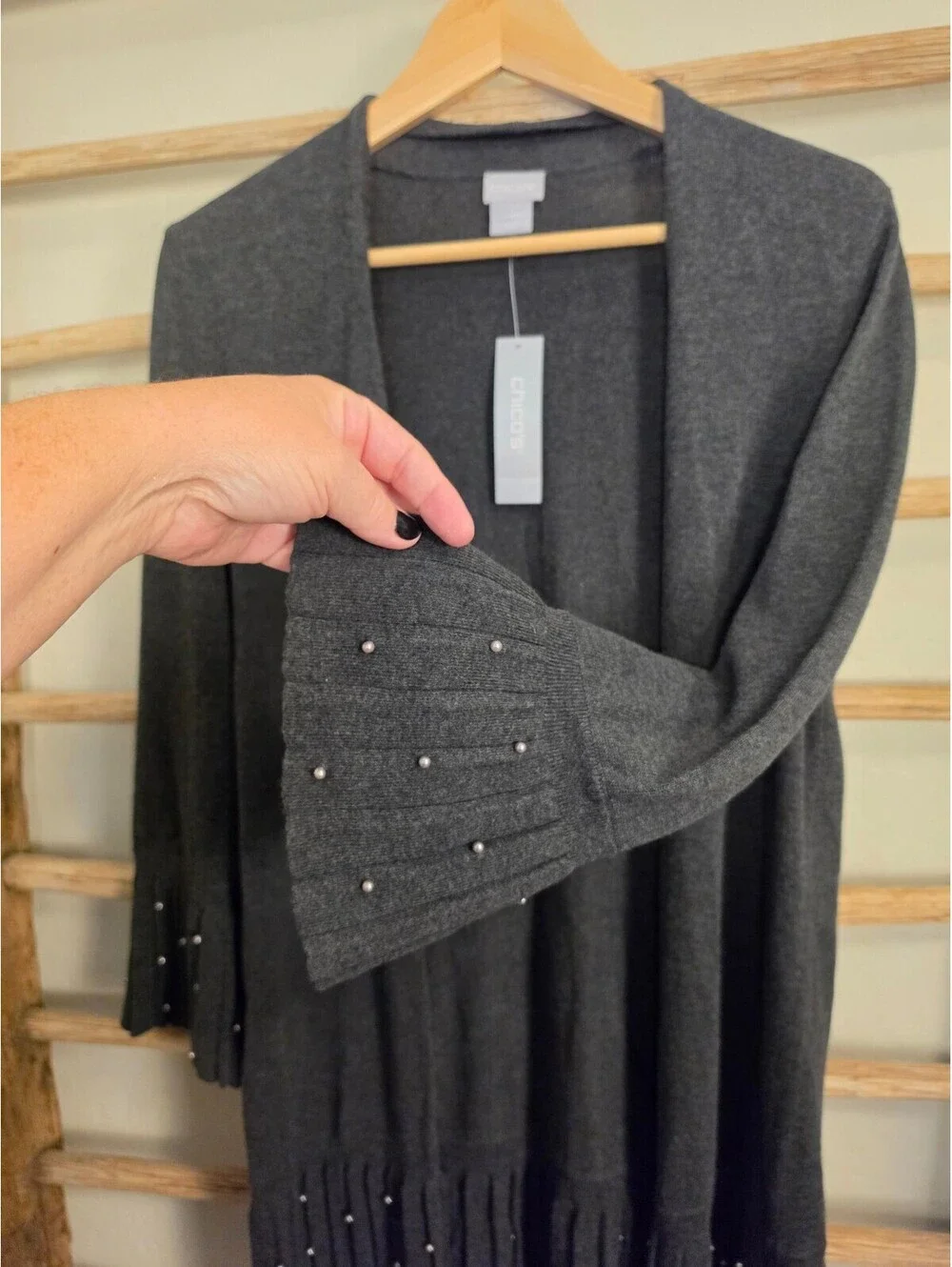 Chico's NWT Charcoal Gray Open Front Cardigan Pearl Pleated Bell Sleeve Sweater